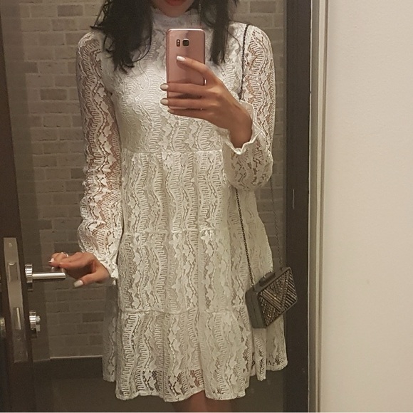 Navy London High Neck Smock Lace Dress WHITE - Picture 6 of 9